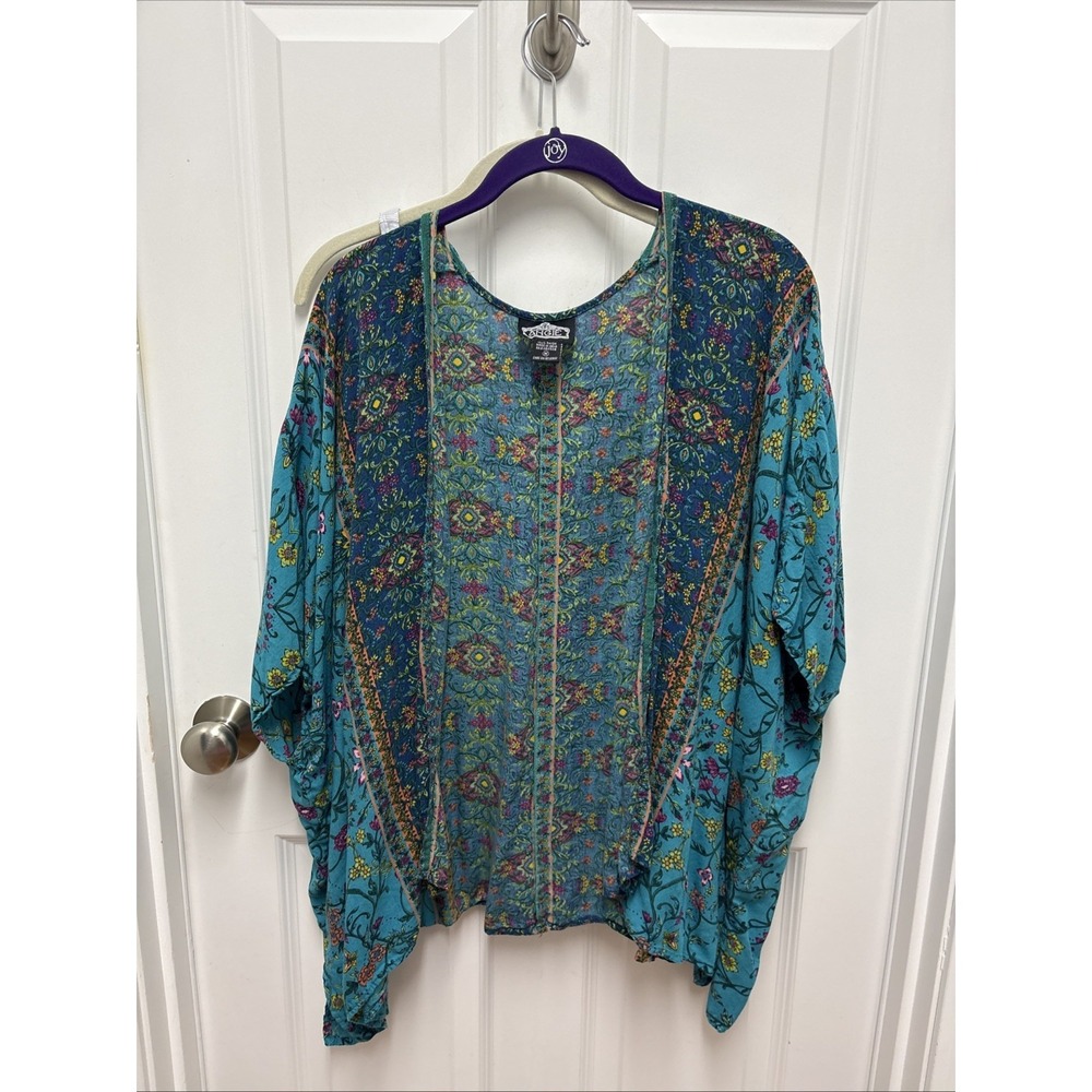 Vintage Angie Turquoise Floral Boho Hippy Kimono - Medium